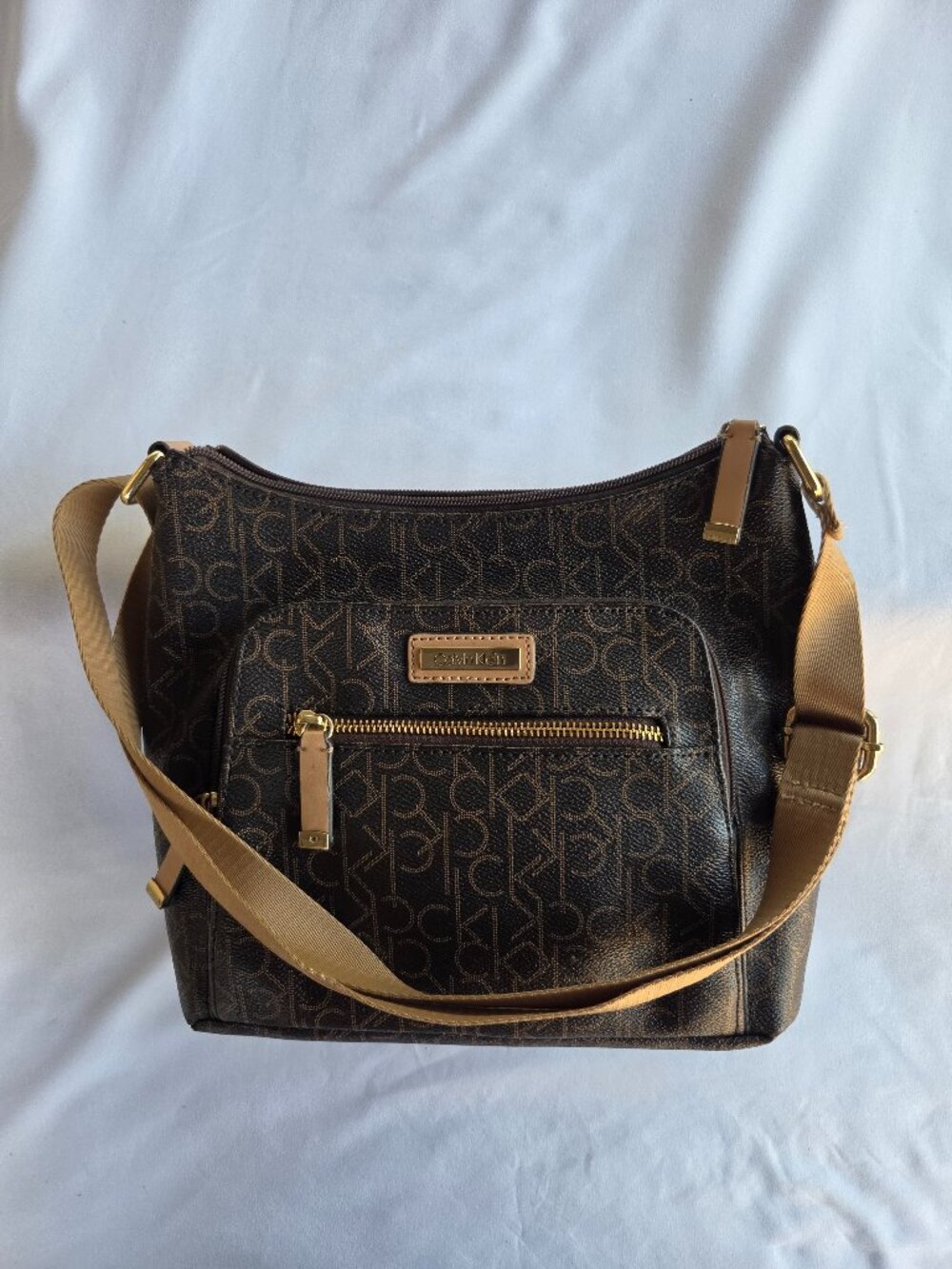 Calvin Klein Brown Tan Monogram Crossbody Bag Purse Gold Hardware Like New